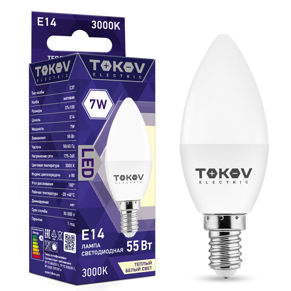 

Лампа светодиодная Tokov Electric свеча матовая 7w цоколь E14 теплый свет