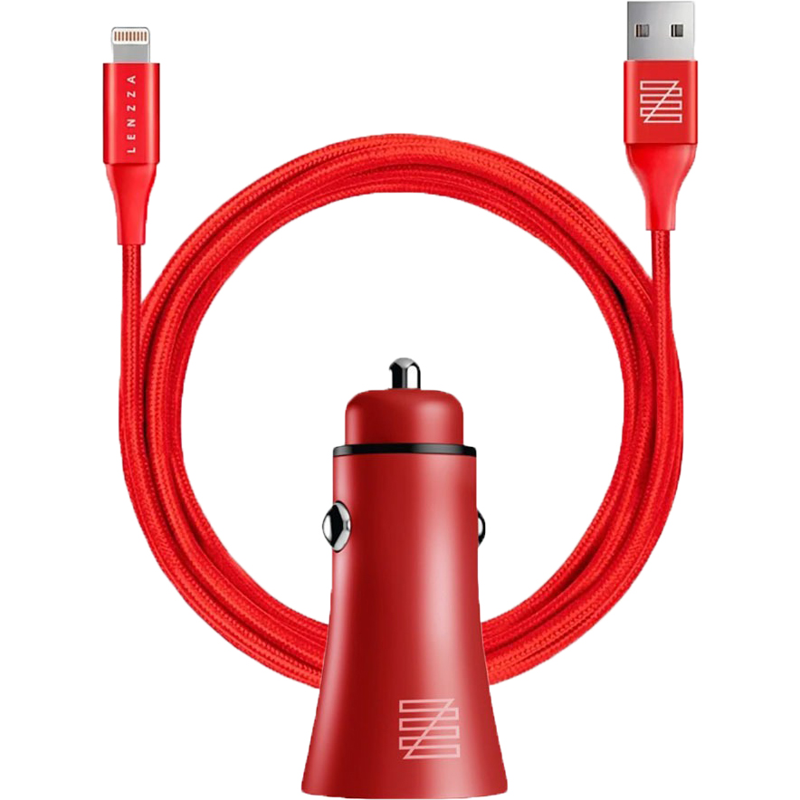 фото Автомобильное зарядное устройство lenzza razzo metallic car charger lightning красный
