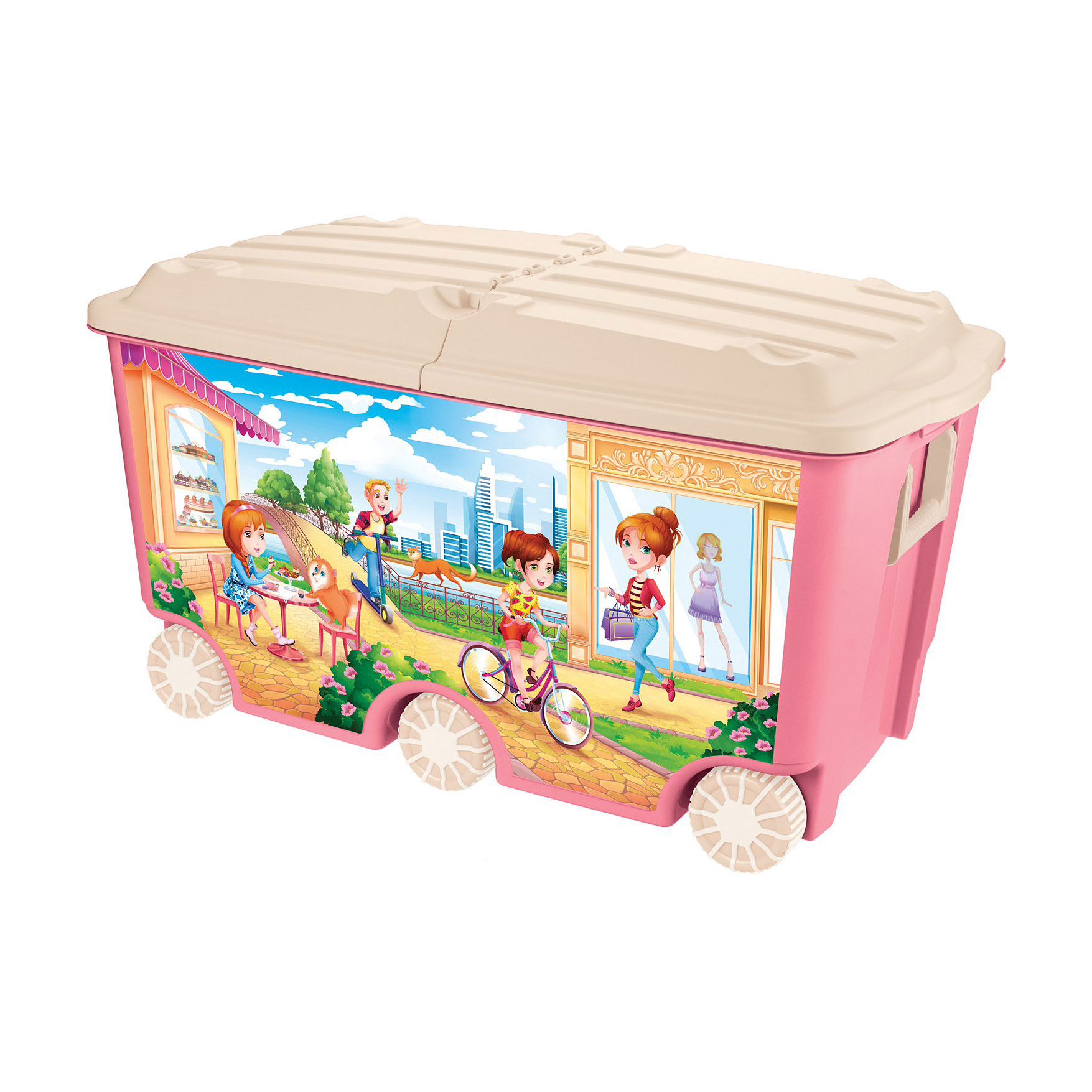 фото Ящик пластишка для игрушек на колесах розовый 66,5 л