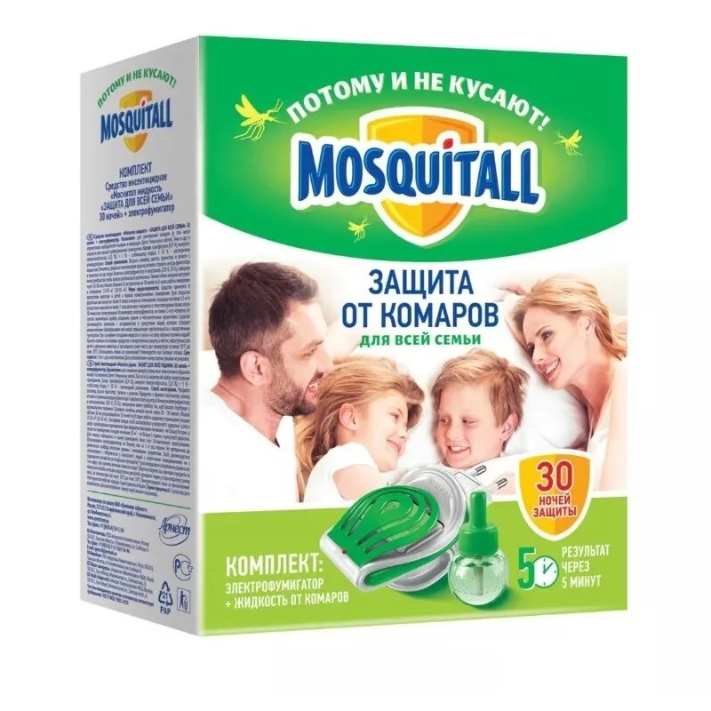 фото Комплект mosquitall " защита для всей семьи ": электрофумигатор + жидкость 30 ночей от комаров 30 мл