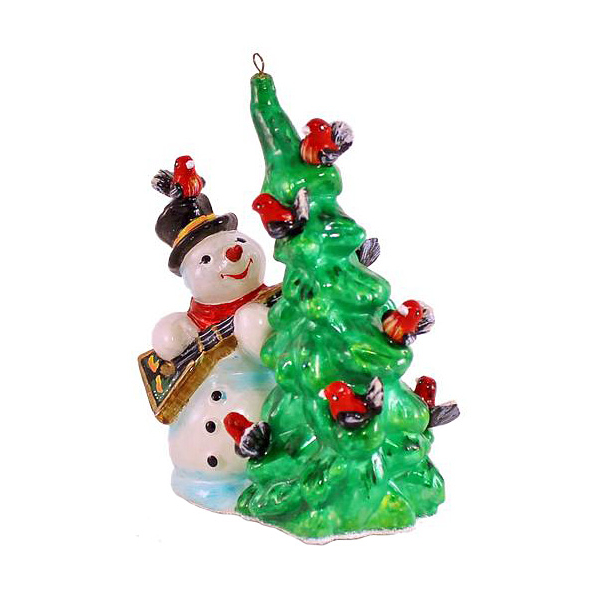 Игрушка новогодняя Komozja family Снеговик с ёлкой и снегирями, цвет мультиколор