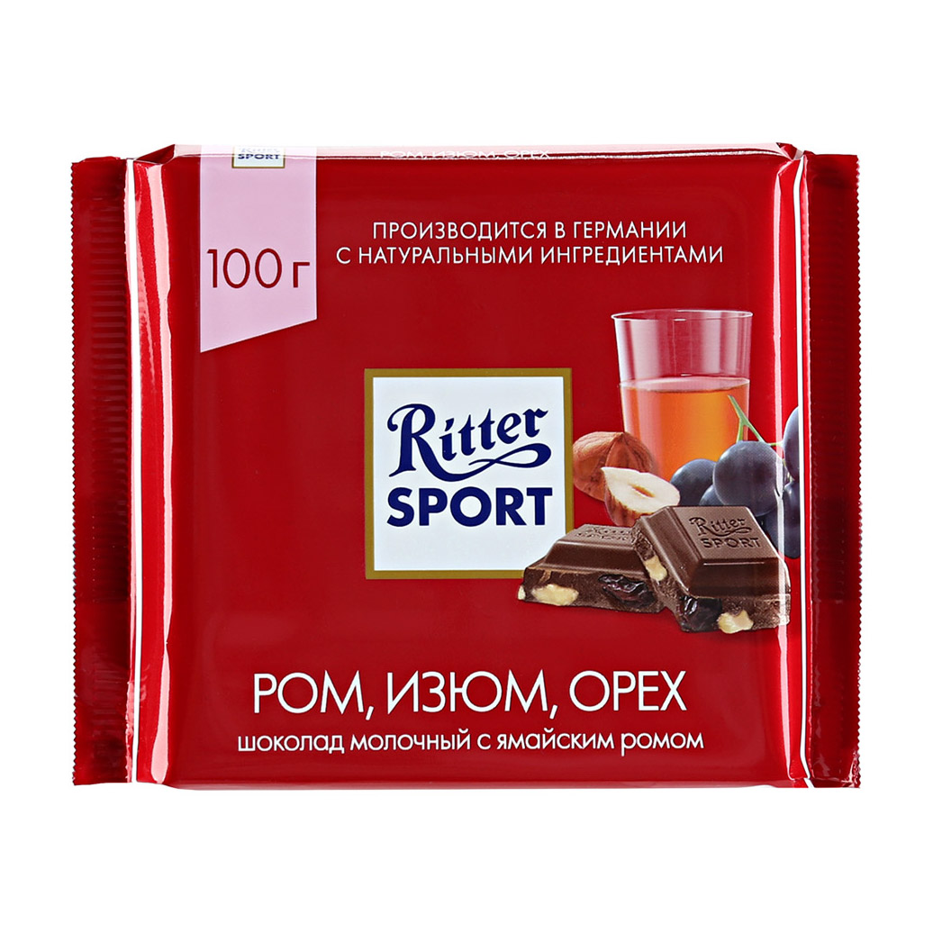 Шоколад молочный Ritter Sport Ром, изюм, орехи 100 г шоколад rioba молочный 32% какао 100 гр