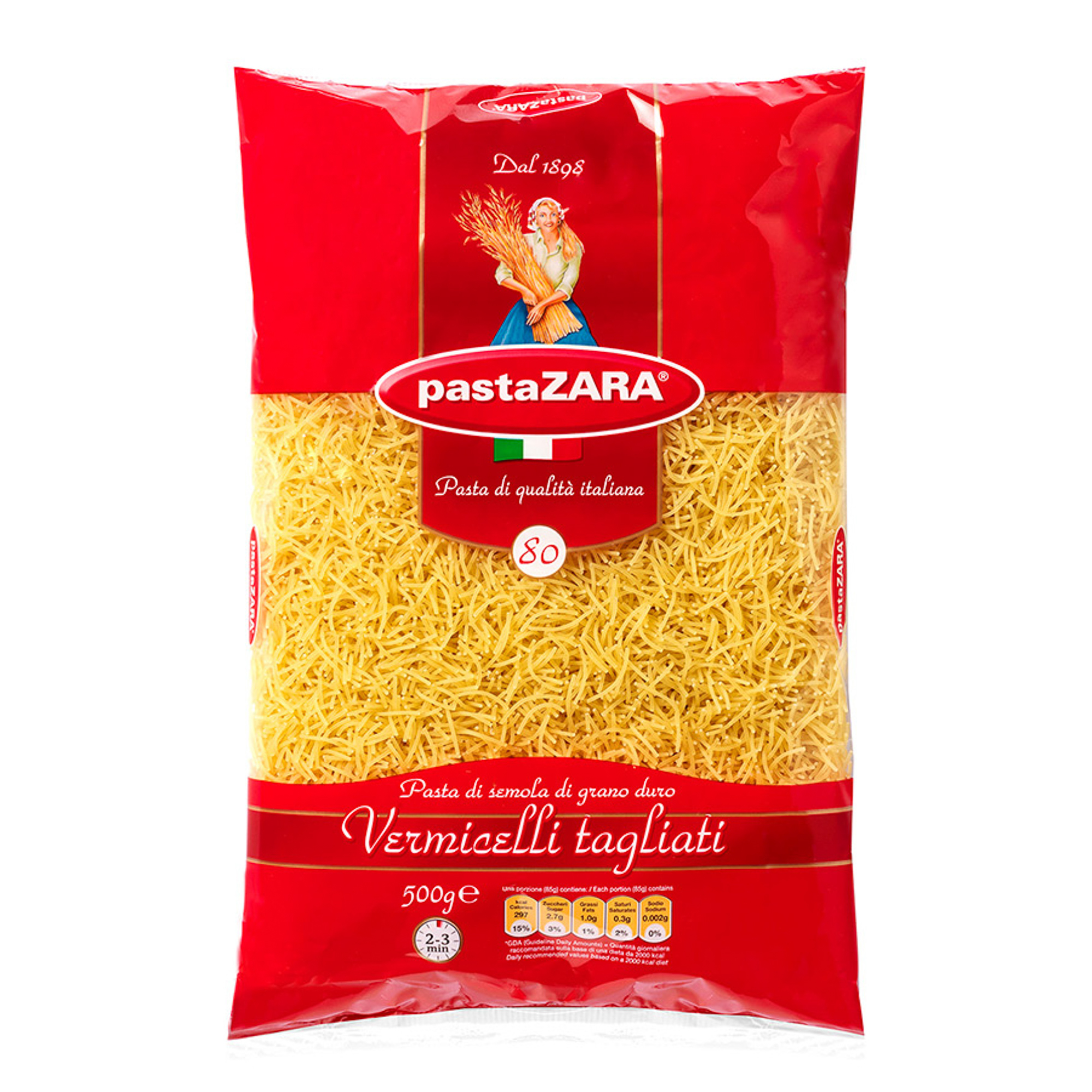 Вермишель Pasta Zara №80 500 г мука molino grassi из мягких сортов пшеницы 1 кг