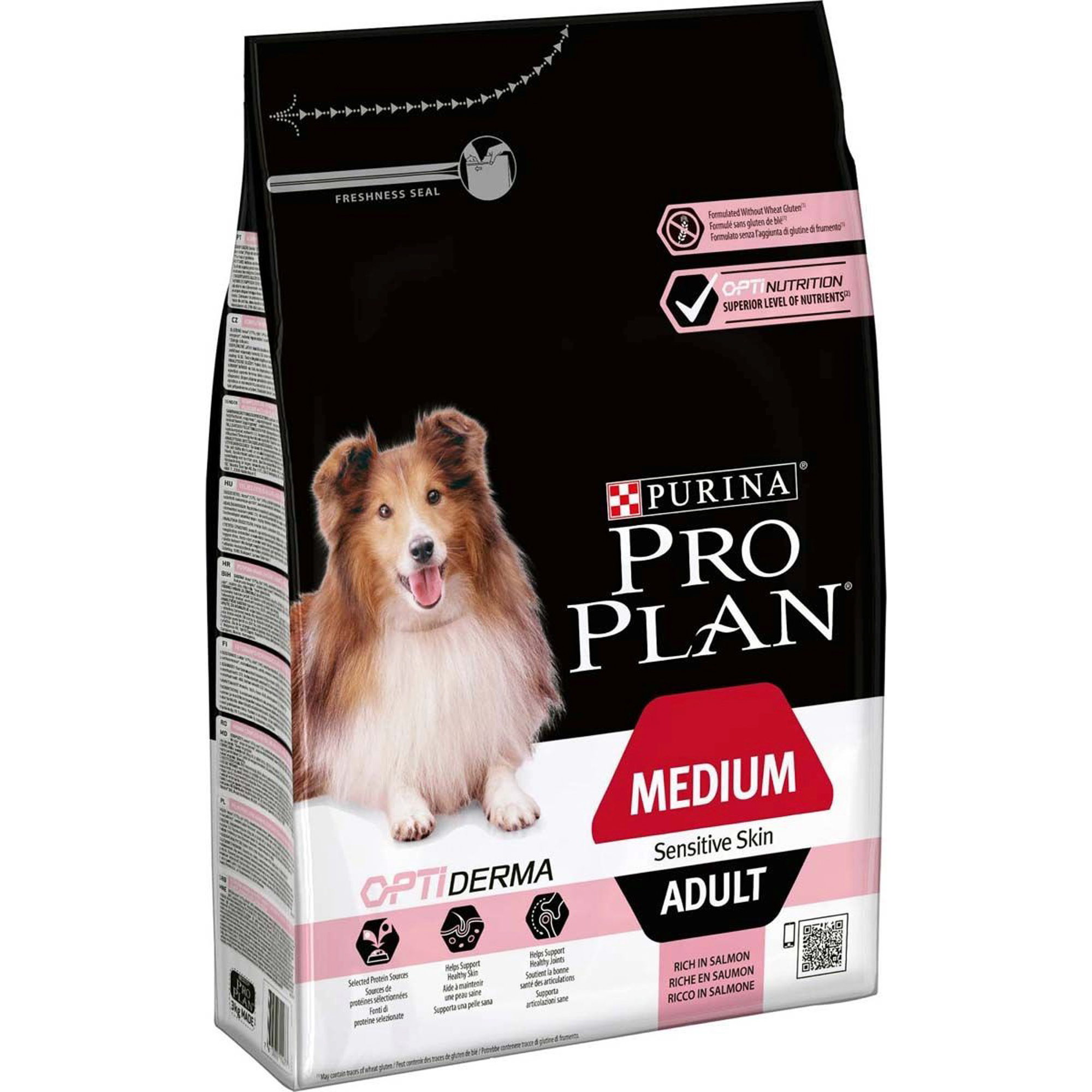 Корм для собак PRO PLAN Optiderma Adult для средних пород с чувствительной кожей, лосось, рис, 3 кг корм для щенков pro plan для средних пород с чувствительной кожей лосось 3 кг
