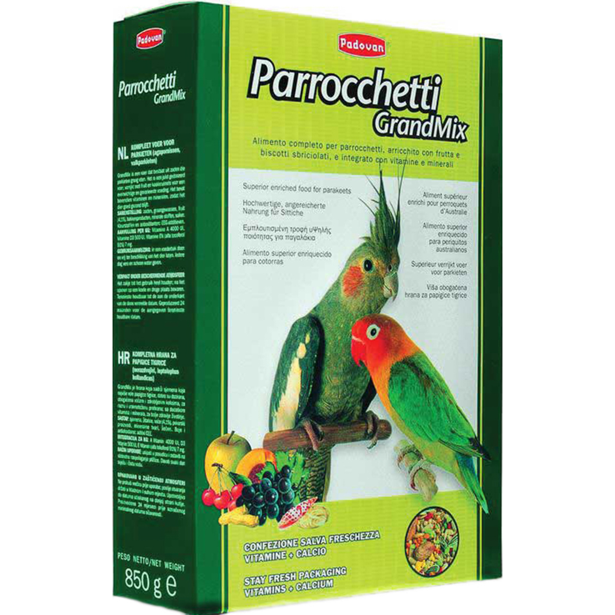 Корм для птиц PADOVAN Grandmix Parrocchetti для средних попугаев 850г, размер 6,5x15,5x23 см