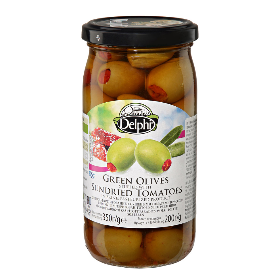 Оливки Delphi фаршированные сушеными томатами 350 г оливки глобус фаршированные лососем 300 г