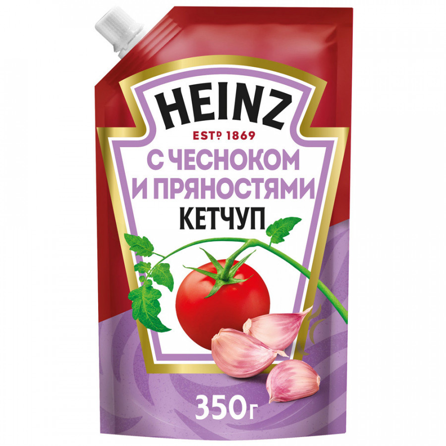 Кетчуп Heinz с чесноком и пряностями, 350 г кетчуп хайнц 320 г с чесноком и пряностями дой пак