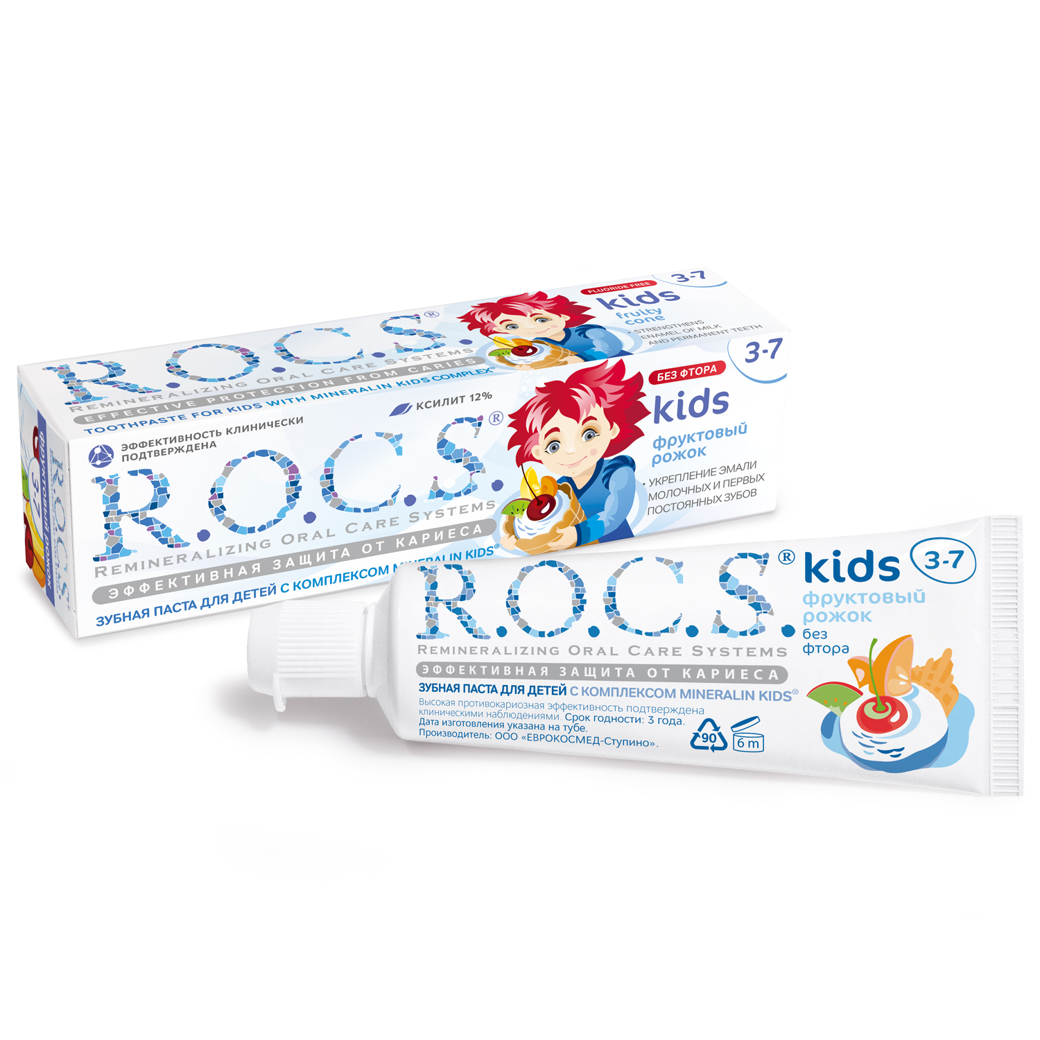 Зубная паста	 ROCS для детей фруктовый рожок без фтора 45 гр аквамозаика для детей смешарики