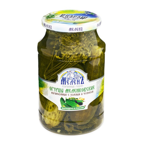 Огурцы Меленъ меленковские маринованные с зеленью и чесноком 0,9 кг