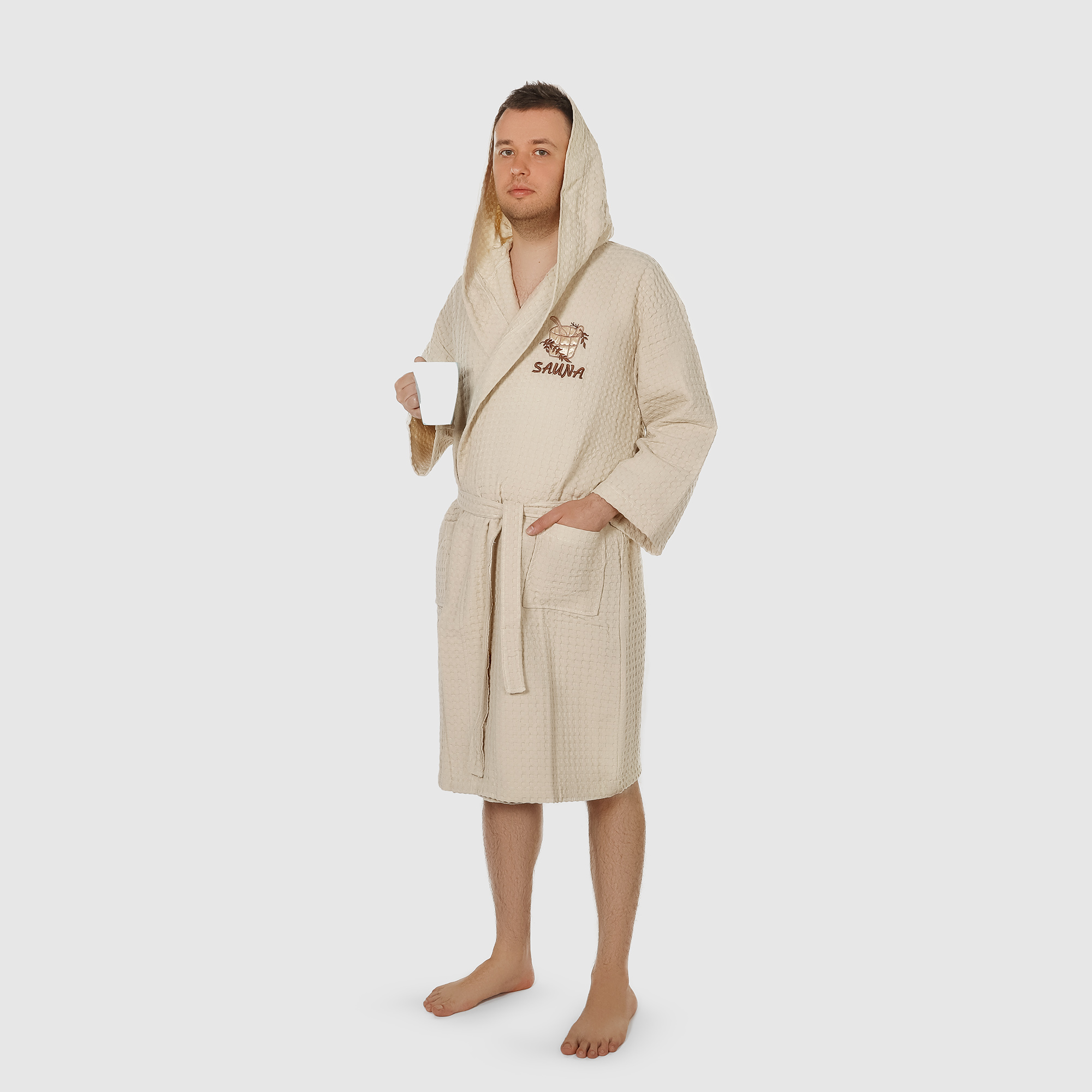 Халат мужской Asil Sauna Brown XL вафельный с капюшоном