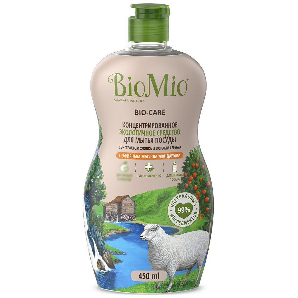 Гипоаллергенное эко средство для мытья посуды, овощей и фруктов BioMio BIO-CARE Концентрат, МАНДАРИН, 450 мл силиконовая щетка для мытья посуды овощей и фруктов мультидом