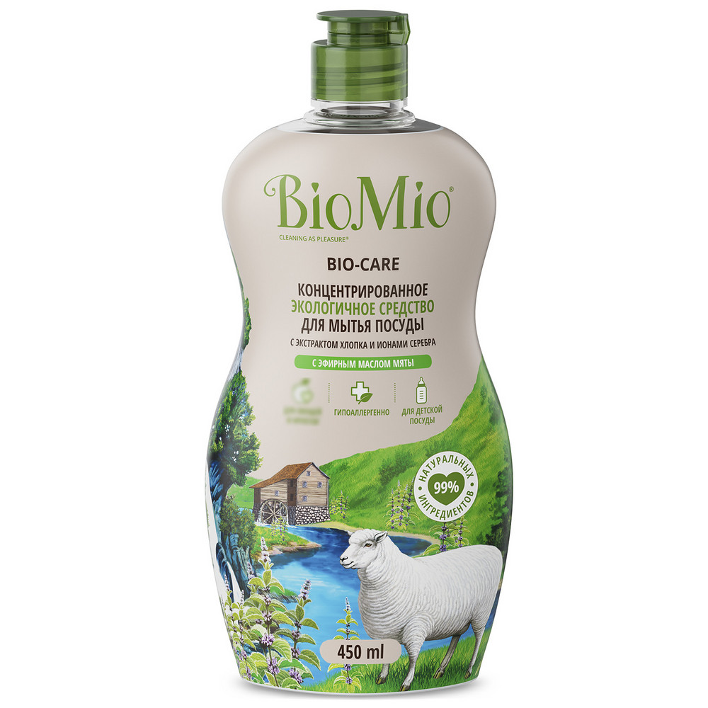 цена Гипоаллергенное эко средство для мытья посуды, овощей и фруктов BioMio BIO-CARE Концентрат, МЯТА, 450 мл