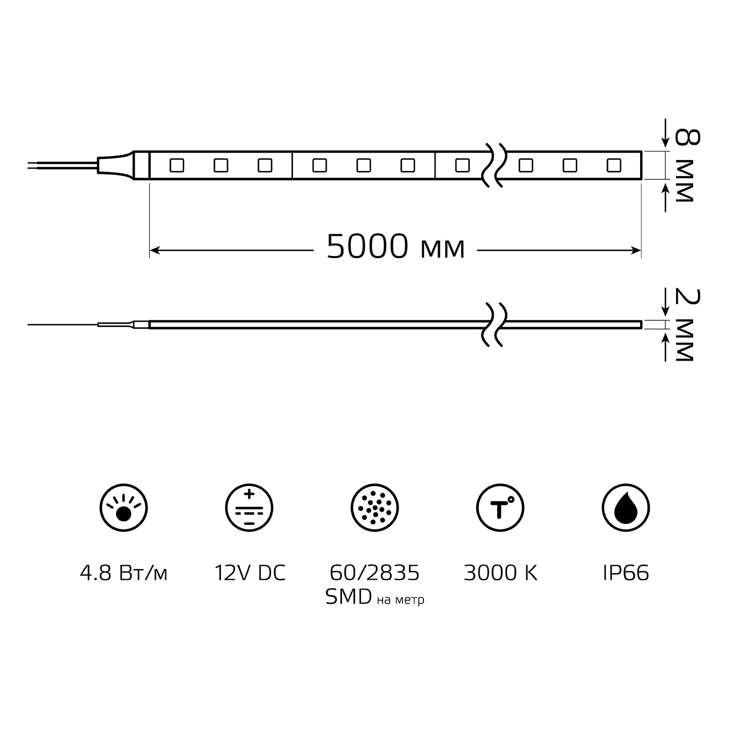 Лента LED 2835/60-SMD 4.8W 12V DC теплый белый IP66 (блистер 5м) Вид№8