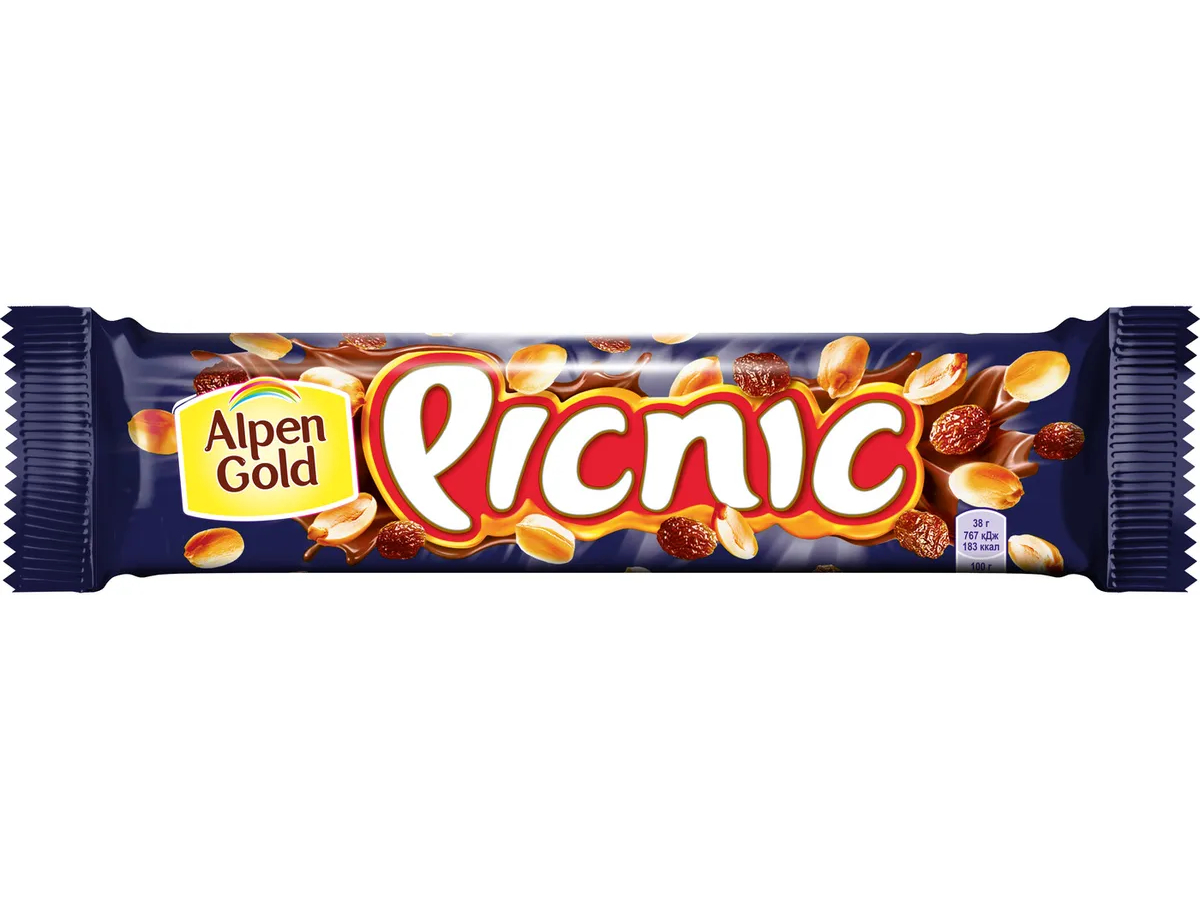 Шоколадный батончик Picnic, с арахисом и изюмом, 38 г шоколадный батончик picnic с арахисом и изюмом 38 г