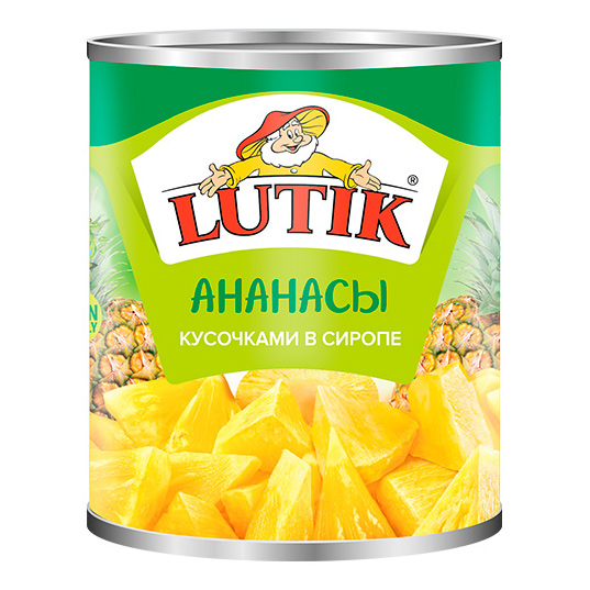 Кусочки ананаса Lutik в сиропе 0,58 л кисломолочный продукт actimel виноград персик и ананас 2 2% бзмж 95 гр