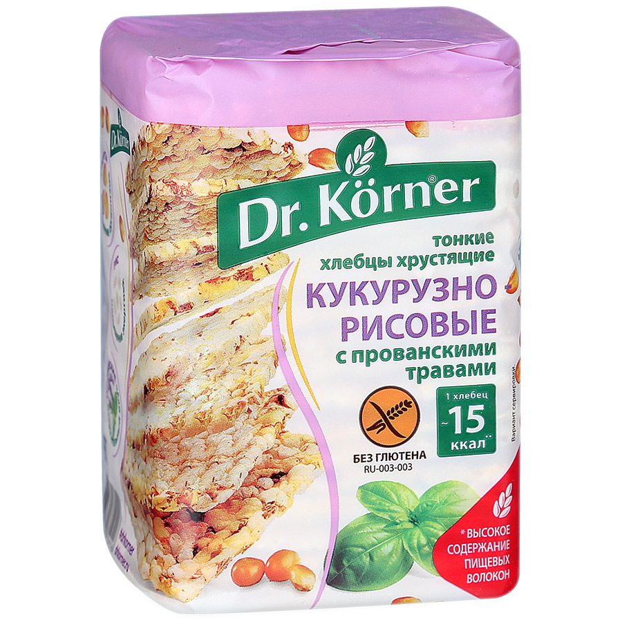 цена Хлебцы тонкие хрустящие Dr. Korner Кукурузно-рисовые с прованскими травами 100 г