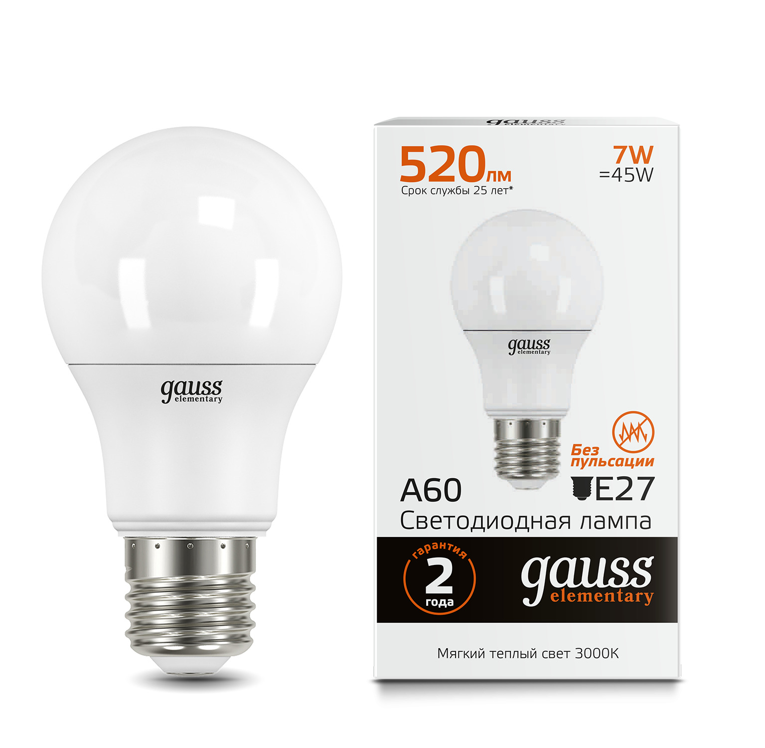 Gauss LED Elementary A60 7W E27 3000K 1/10/100 лампа gauss led a60 e27 7w 680lm 3000k 1 10 50