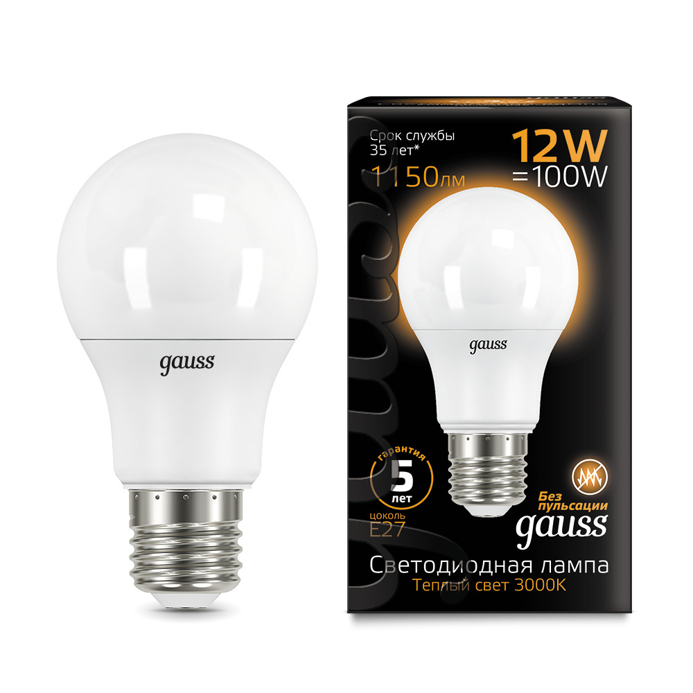 Gauss LED A60 globe 12W E27 3000K 1/10/50 лампа gauss led a60 e27 7w 680lm 3000k 1 10 50