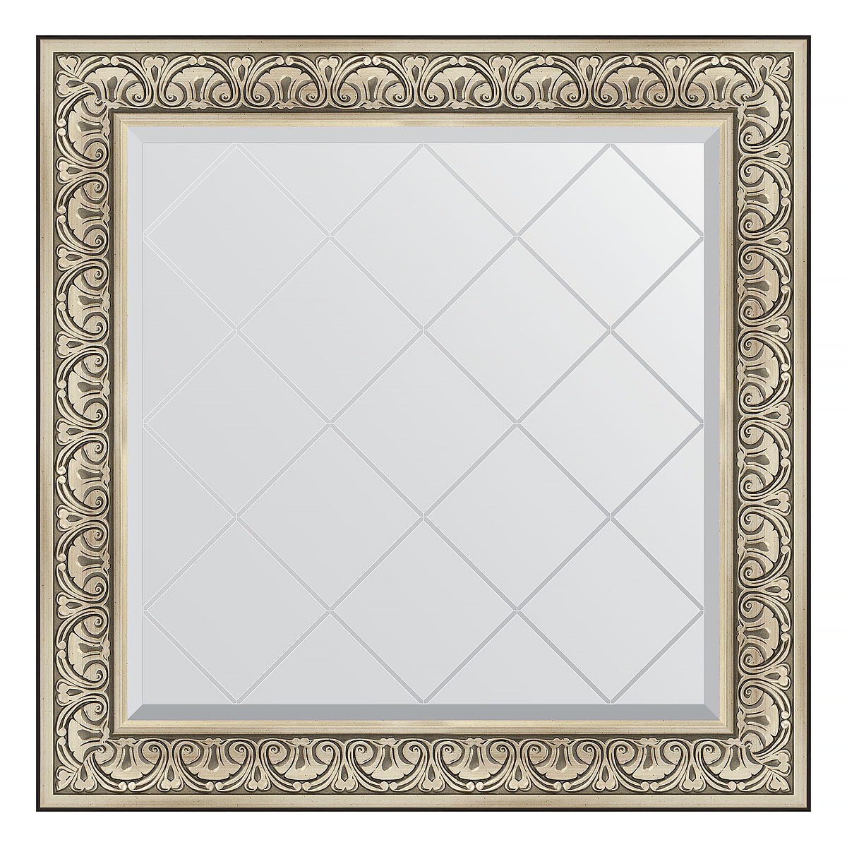 Зеркало с гравировкой в багетной раме Evoform барокко серебро 106 мм 90x90 см зеркало с фацетом в багетной раме evoform барокко серебро 106 мм 70х160 см
