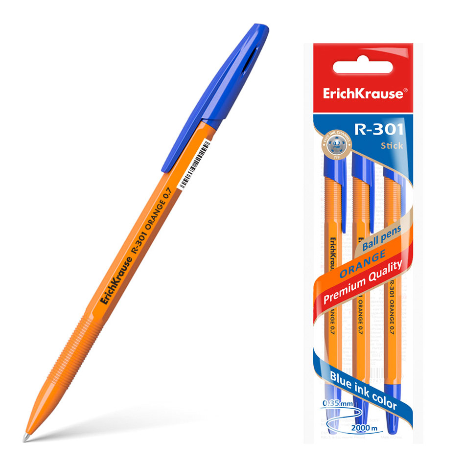 Ручка шариковая ErichKrause R-301 Orange Stick синяя блок бумаг для записей 30 листов стикеры ручка шариковая синяя 0 7 мм