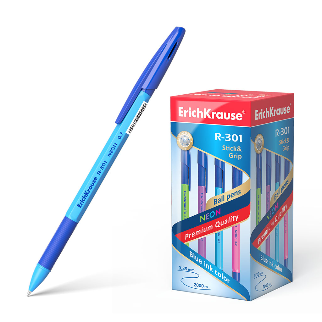 Ручка шариковая Erich Krause R-301 Neon Stick&Grip 0.7 синяя в ассортименте ручка шариковая erich krause r 301 classic stick 1 0 синяя