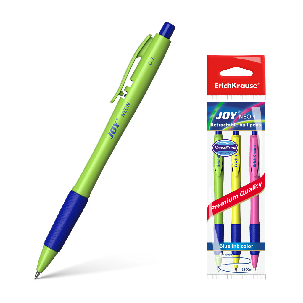 Ручка шариковая автоматическая Erich Krause JOY Neon Ultra Glide Technology синяя в ассортименте щётка расчёска двухсторонняя нескользящая ручка чёрно синяя 17 5 х 6 5 см