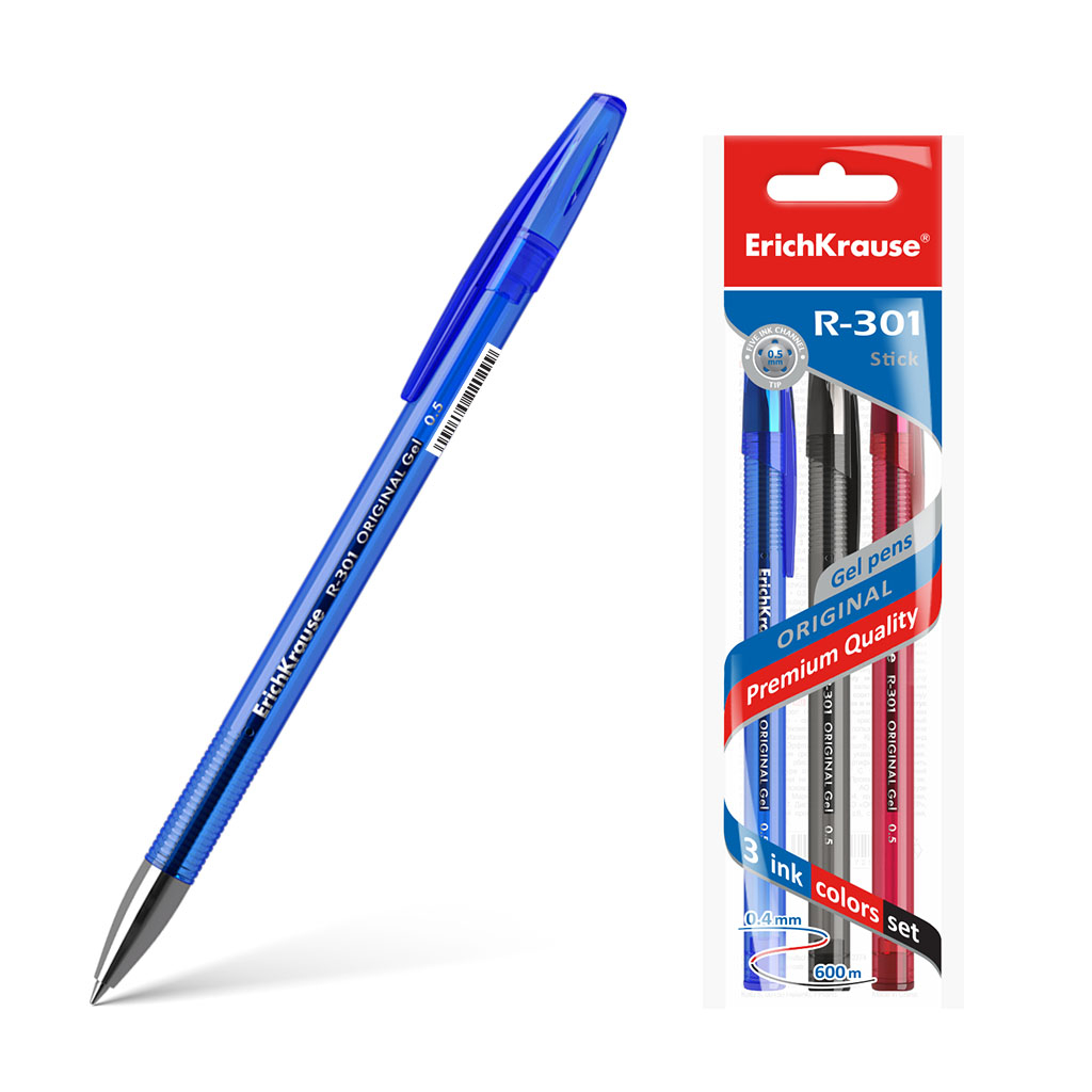 Набор гелевых ручек Erich Krause R-301 Original Gel Stick 0.5 синяя, черная, красная ручка гелевая erich krause r 301 original gel stick 0 5 синяя