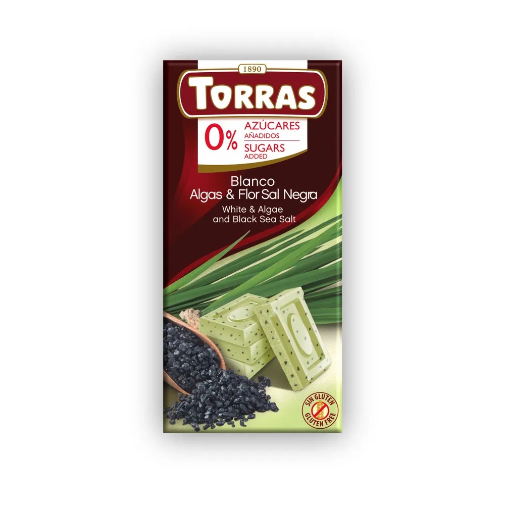 Шоколад  Torras белый с водорослями и морской черной солью без сахара 75 г зубная паста с морской солью 100г