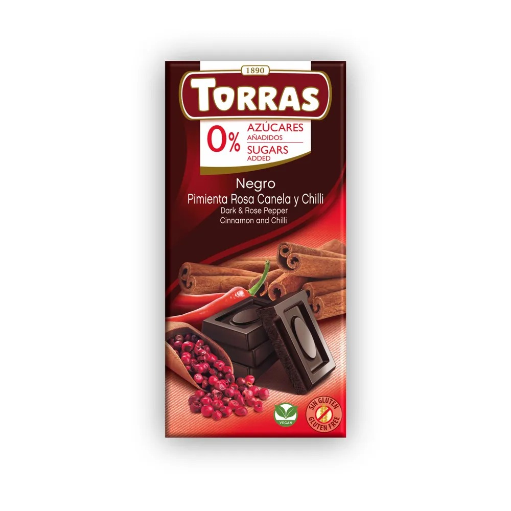 Шоколад  Torras темный с розовым перцем, корицей и красным перцем чили без сахара 75 г шоколад rioba порционный темный 47 4% какао 800 гр
