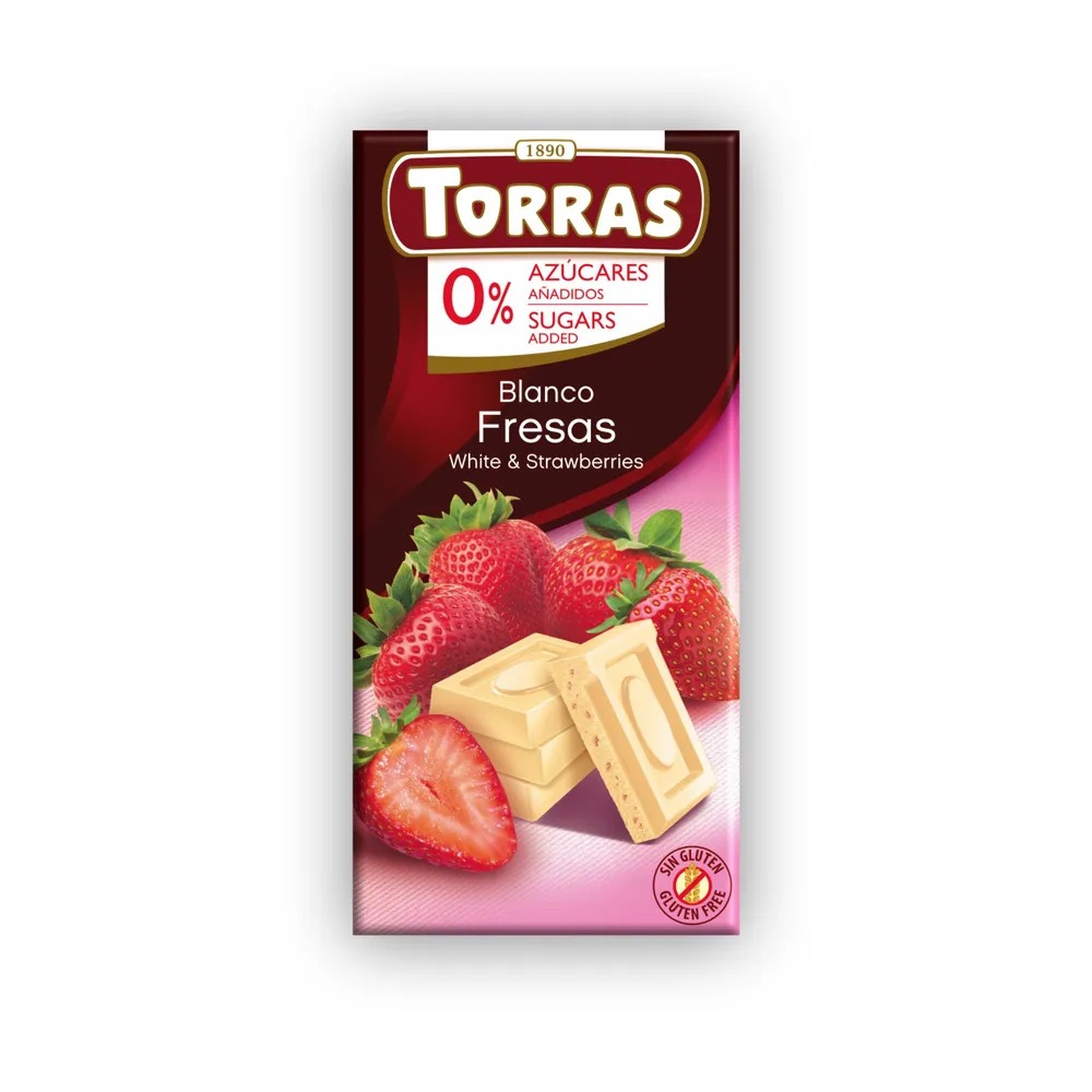 Шоколад  Torras белый с кусочками клубники без сахара 75 г шоколад torras темный 43% без сахара с экстрактом овсяных хлопьев пастой из фундука и кусочками апельсина 100 г