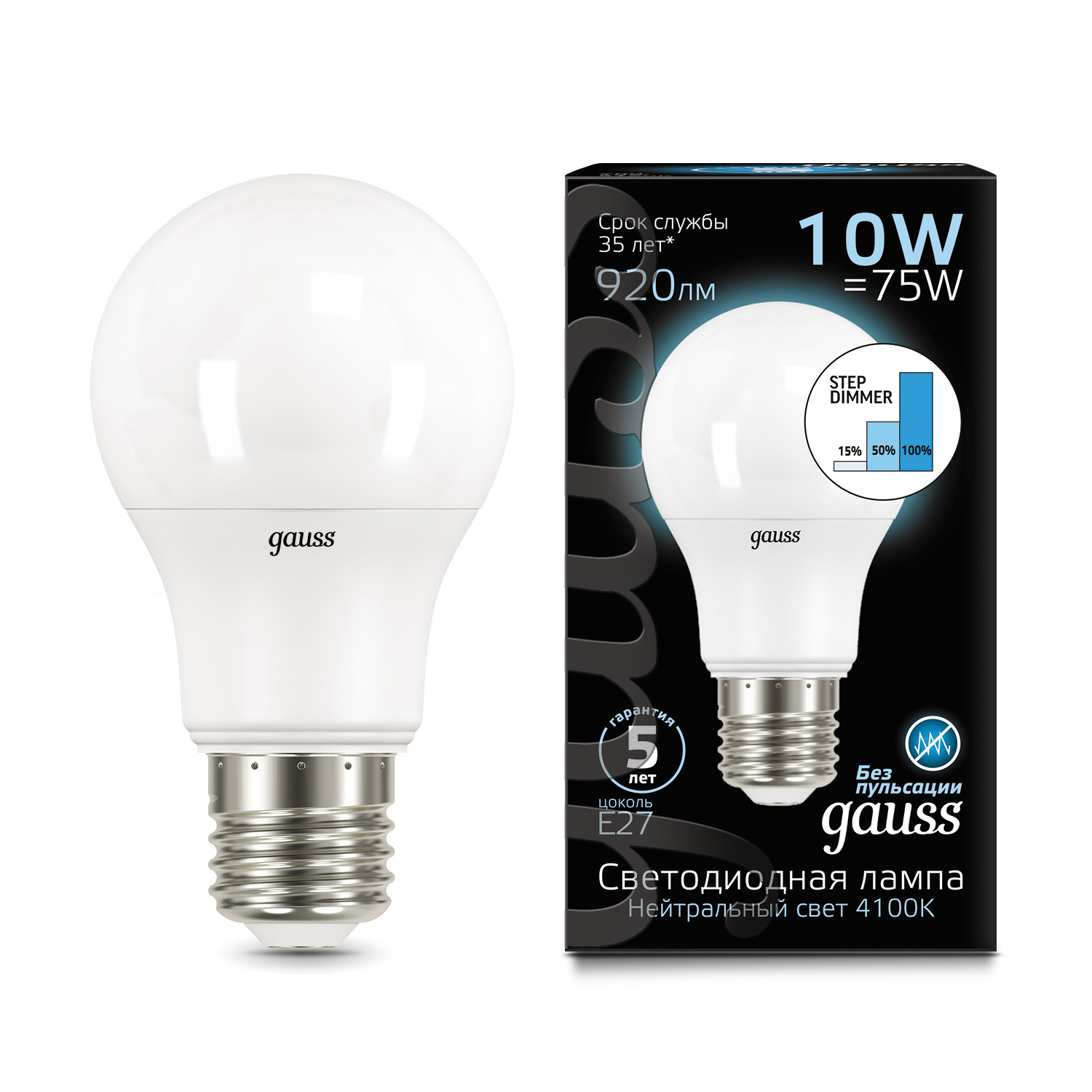 

Лампа Gauss LED A60 10W E27 920lm 4100K step dimmable 1/10/50