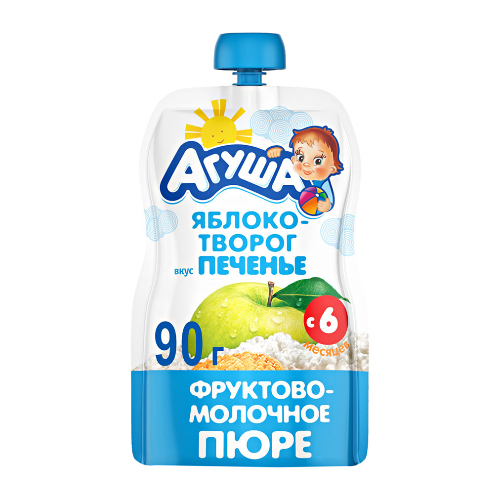 Пюре фруктово-молочное Агуша Яблоко-Творог-Печенье 90 г 100г творог агуша перс 3 9% бз