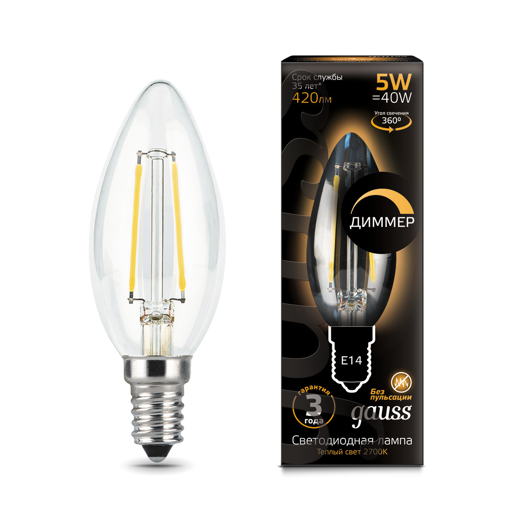 Лампа Gauss LED Filament Свеча dimmable E14 5W 420lm 2700К 1/10/50 лампа gauss basic filament свеча 4 5w 420lm 4100к е14 led