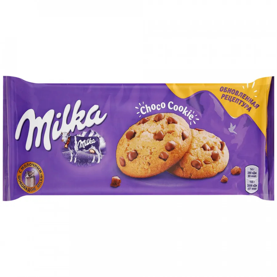 печенье milka бисквитное мягкое с кусочками шоколада 156 г Печенье Milka с кусочками молочного шоколада, 168 г
