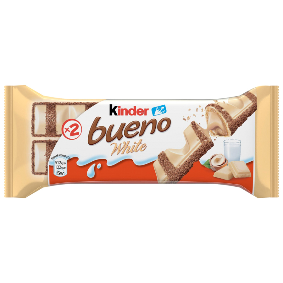 Вафли Kinder Bueno White в белом шоколаде c молочно-ореховой начинкой 39 г вафли в молочном шоколаде kinder bueno с молочно ореховой начинкой 43 г