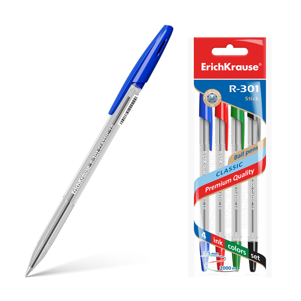 Набор шариковых ручек Erich Krause R-301 Classic Stick 1.0 синяя, черная, красная, зеленая стержень для ручек шариковых pentel