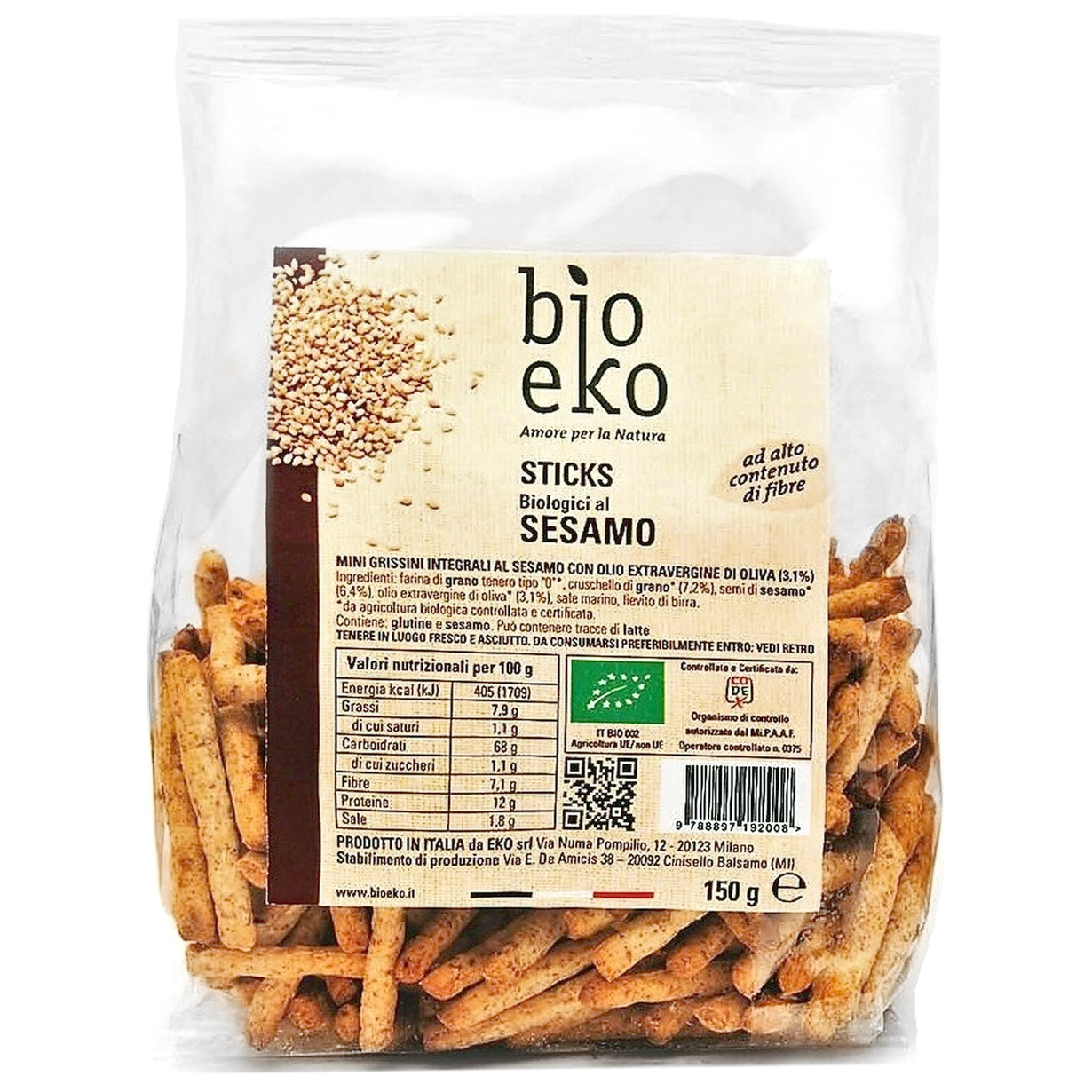 Хлебные палочки EKO BIO Мини с кунжутом 150 г гриссини eko bio из цельнозерновой пшеничной муки с кунжутом 125 г