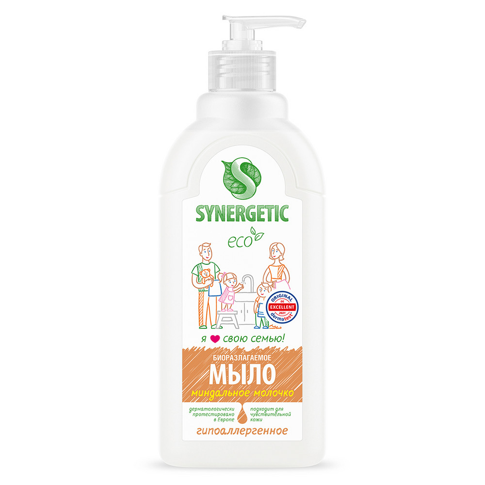 Гипоаллергенное жидкое мыло Synergetic Миндальное молочко увлажняющее, биоразлагаемое, 0,5 л жидкое мыло palmolive натурэль интенсивное увлажнение олива и увлажняющее молочко 300 мл