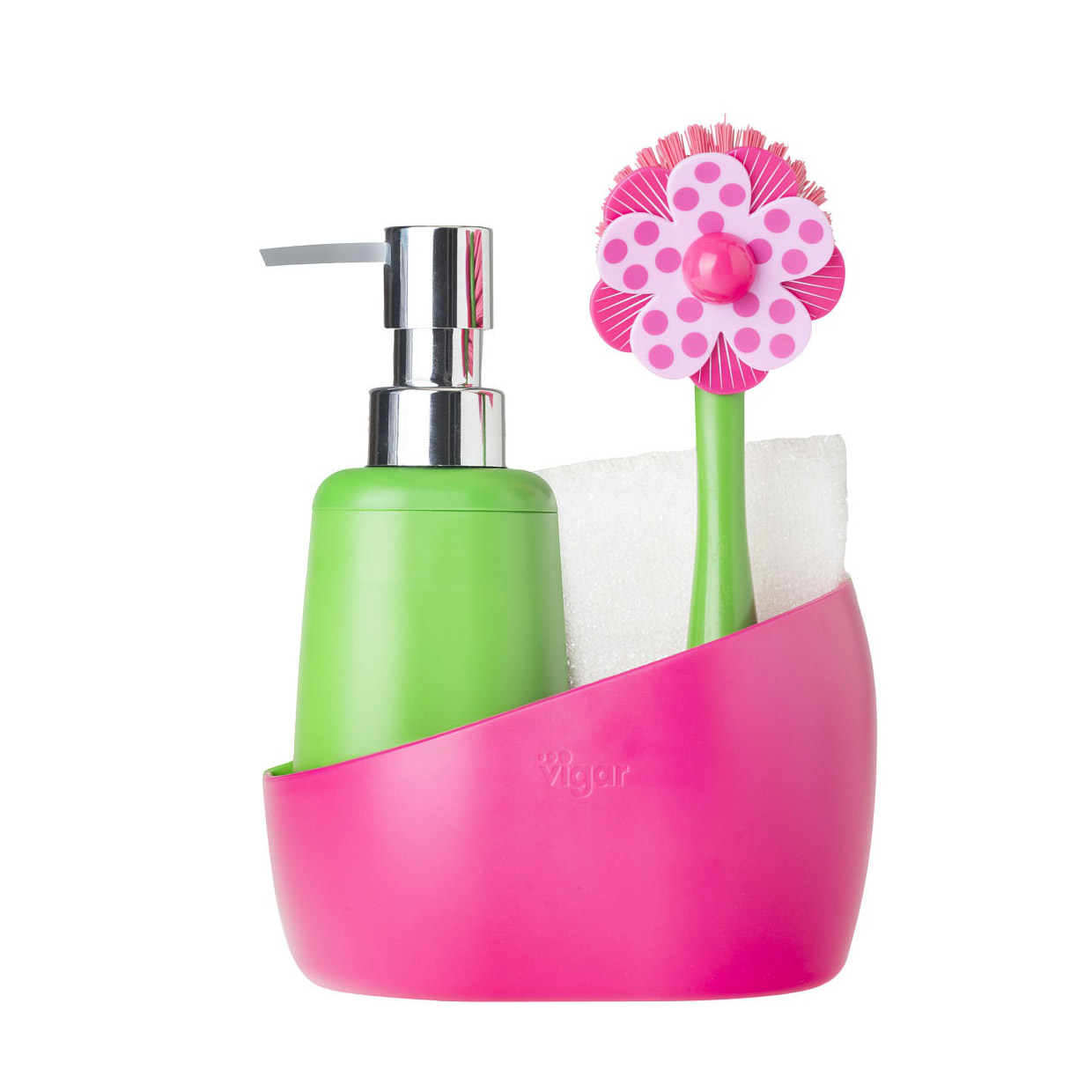 Набор для мытья посуды Vigar Lolaflor 4 предмета: дозатор, губка и щетка для мытья посуды на розовой подставке щетка для мытья и массажа животных с емкостью для шампуня розовая