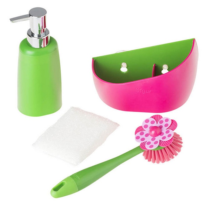 фото Набор для мытья посуды vigar lolaflor 4 предмета: дозатор, губка и щетка для мытья посуды на розовой подставке