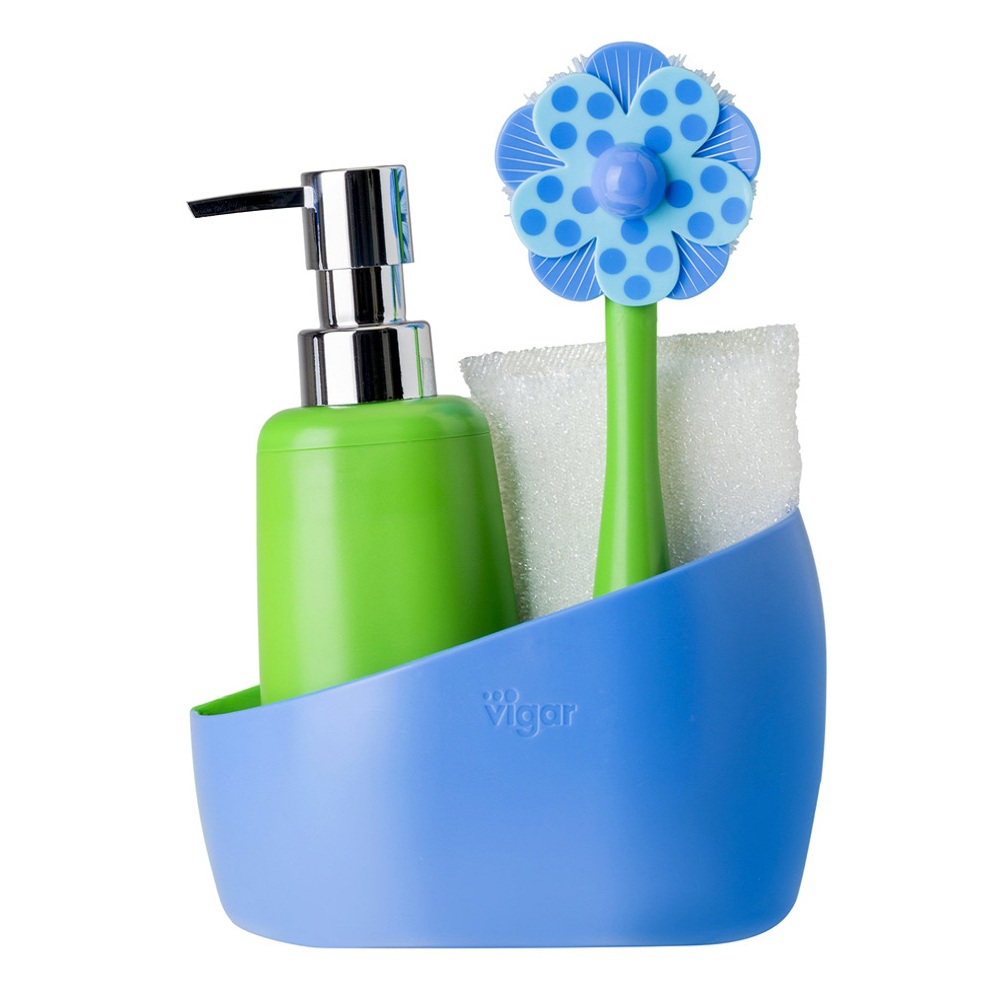 Набор для мытья посуды Vigar Lolaflor 4 предмета: дозатор, щетка и губка для мытья посуды на синей подставке щетка для мытья и массажа животных с емкостью для шампуня розовая