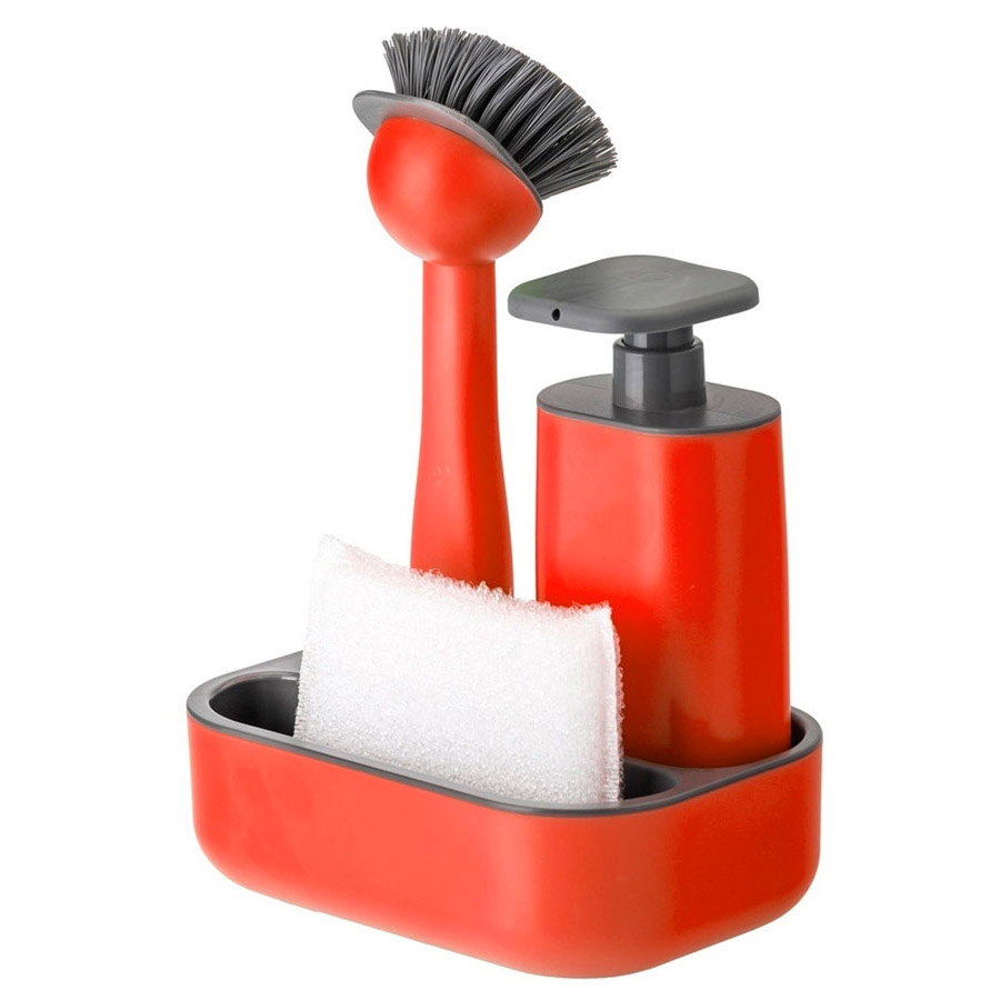 Набор для мытья посуды Vigar Rengo, красный, 4 предмета: щетка и губка для мытья посуды с дозатором на подставке щетка для мытья посуды с дозатором для моющего средства металлическая губка