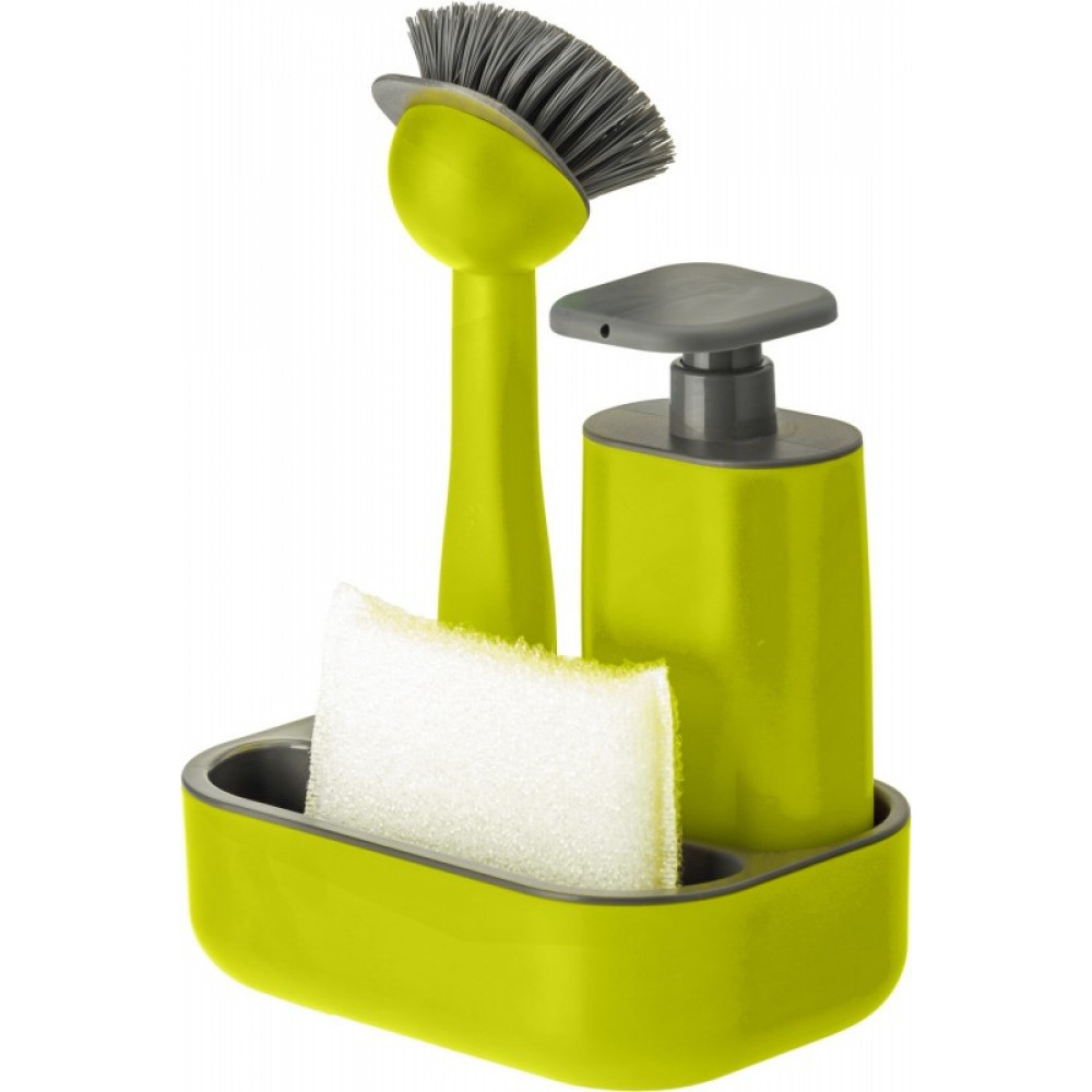 цена Набор для мытья посуды Vigar Rengo, зеленый, 4 предмета: щетка и губка для мытья посуды с дозатором на подставке