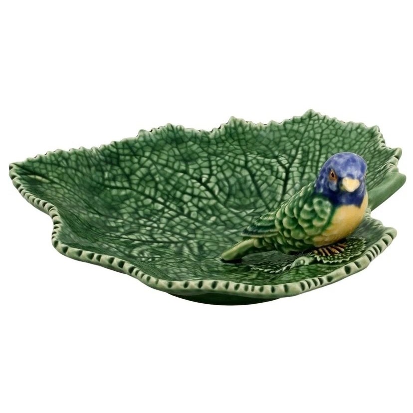 фото Блюдо bordallo pinheiro листья с синей птичкой 19 см