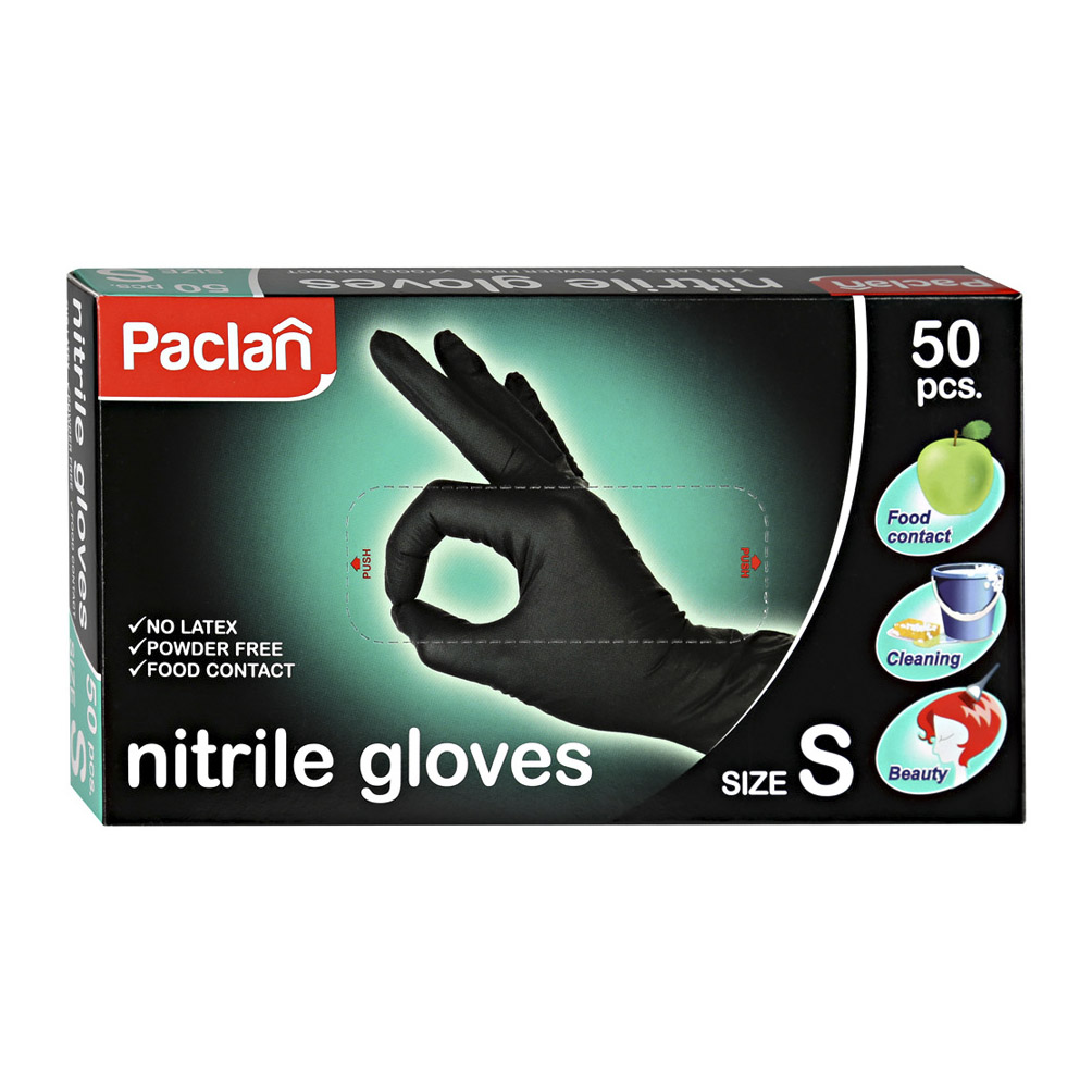 Перчатки нитриловые Paclan черные S 50 шт нитриловые перчатки с твердым манжетом пара
