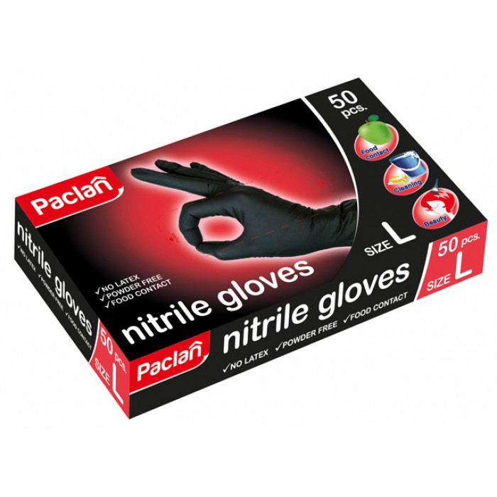 Перчатки нитриловые черные Paclan (L), 50 шт. нитриловые перчатки с твердым манжетом пара