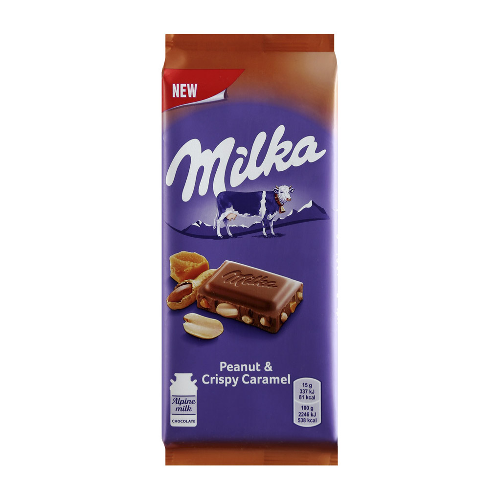 Шоколад Milka молочный с арахисом, кусочками хрустящей карамели, рисовыми шариками и кукурузными хлопьями 90 г печенье milka sensations с начинкой и кусочками молочного шоколада 156 гр