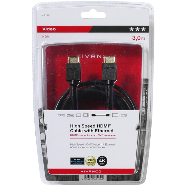 Кабель Vivanco HDMI-HDMI 3 м 47160, цвет черный - фото 2