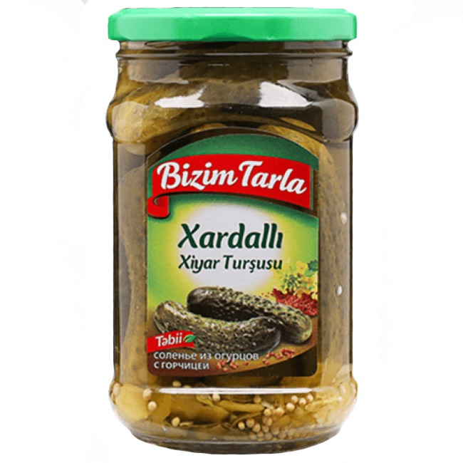 Огурцы Bizim Tarla соленые с горчицей 670 г цена и фото