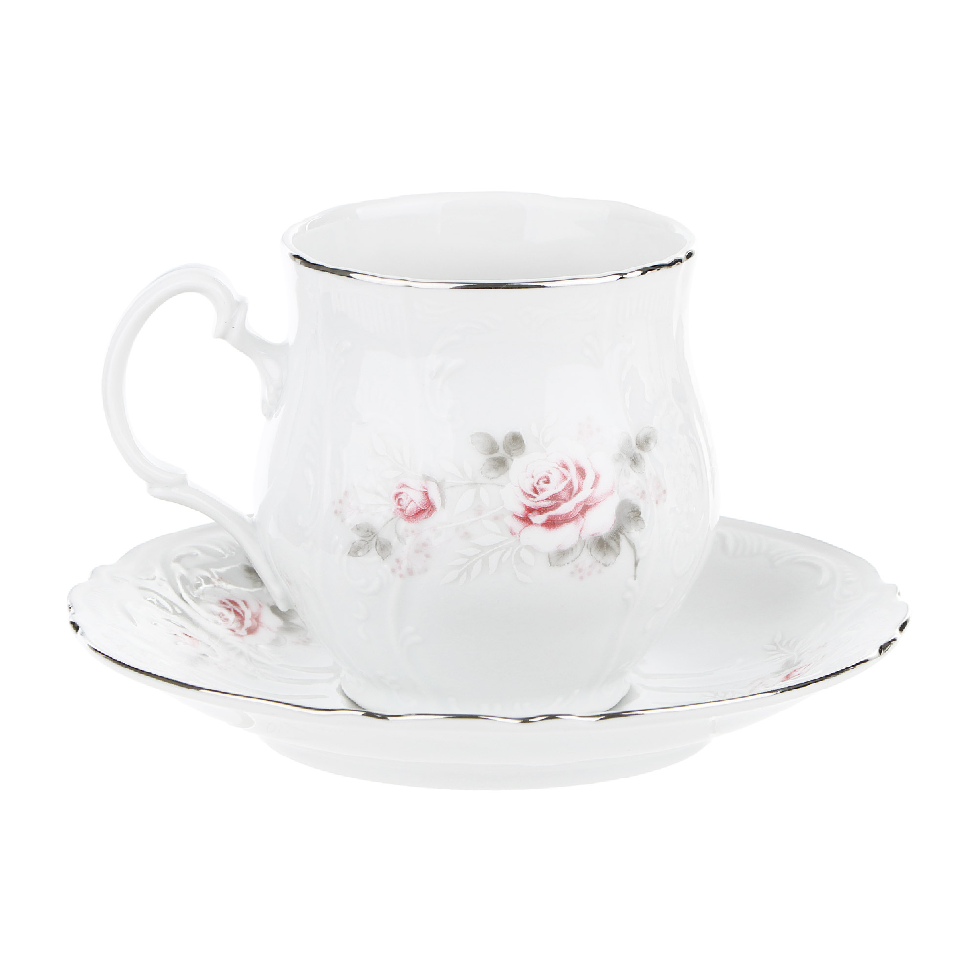 Чашка для чая 250 мл с блюдцем; декор Бледные розы, отводка платина Thun1794